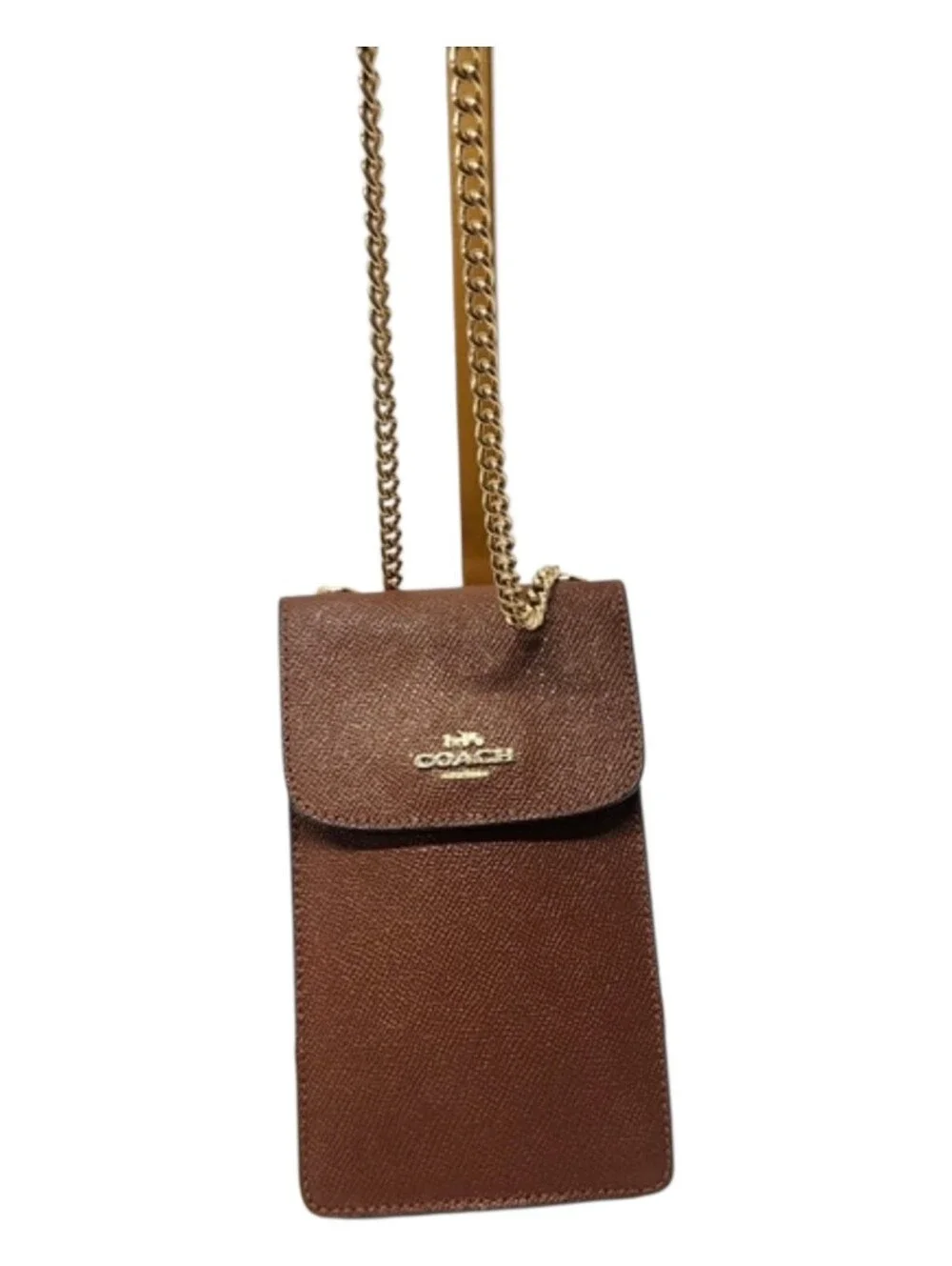 Coach Brown/Tan Leather Crossbody Phone Pouch Chain Strap Gold Hardware